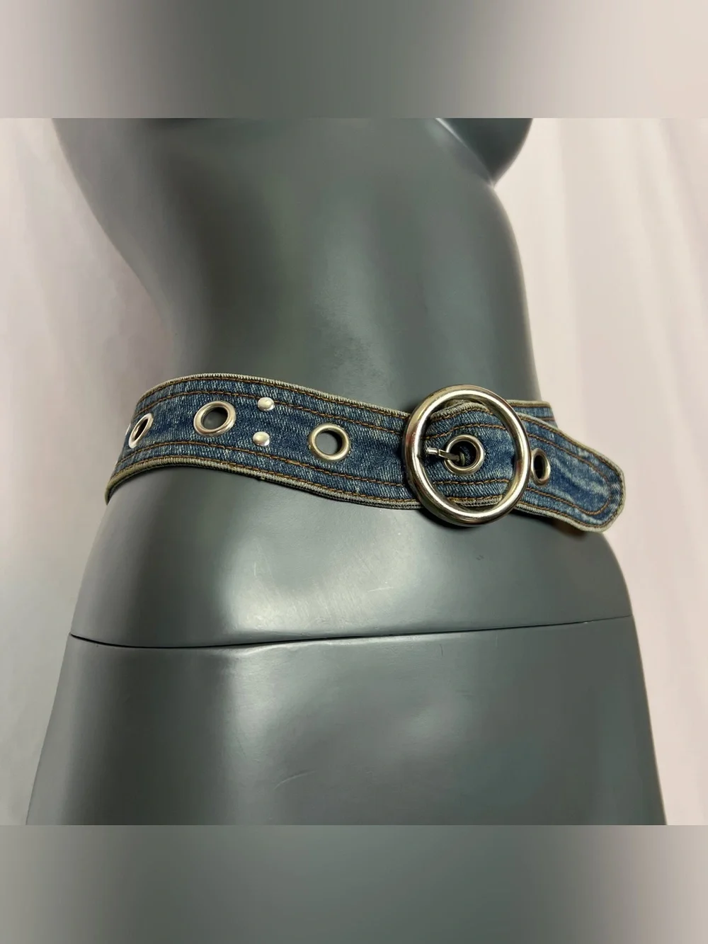 Vintage Y2K Blue Denim Fabric Grommet Belt